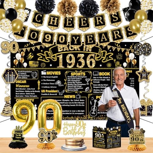 90th Birthday Decorations for Men Women, 22PCS 1936 Banner Decorations,Including Banner, 6 Honeycomb Topper, 90 Balloons, Anniversary Card, Cheers to 90 Years Banner, 7 Hanging Swirl, 4 Paper Poms