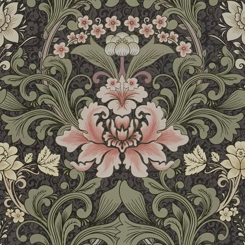 Abyssaly Vintage Floral Peel and Stick Wallpaper, Dark Green Mid Century Moody Contact Paper, Removable Self-Adhesive William Morris Flower Wall Murals for Bathroom Bedroom Home Decor 17.3in x 118in