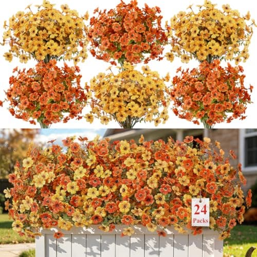 Alupssuc 24 Bundles Artificial Fall Flowers, UV Resistant Faux Mums Porch
