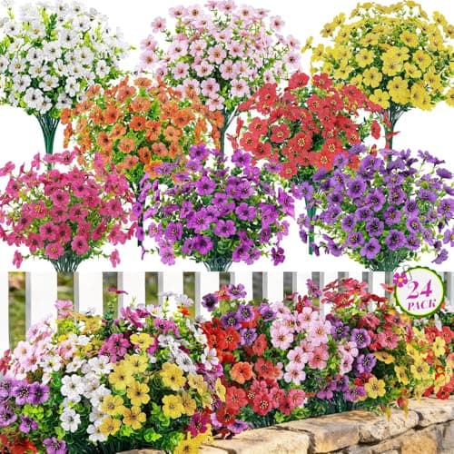Der Rose 24 Bundles Artificial Flowers for Outdoor UV Resistant Faux Plants for Wedding Home Garden Patio Porch Spring Decor (8 Colors)