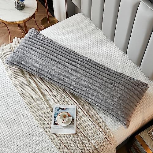 Uhamho Large Bed Body Pillow Cover 1 Pack Lumbar Striped Pillowcase Modern Home Decorative Soft Faux Rabbit Fur and Velvet Back 21x 54 Inches Zipper Closure, Light Gray