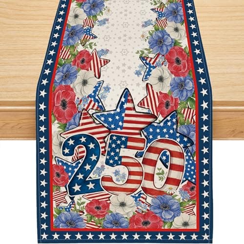 4th of July Table Runner, 250 Anniversary USA Table Runner Blue Red Floral Stars America Memorial Day Patriotic Decorations 250th Anniversary Merchandise Home Party Decor Table Decorations 13x72 Inch