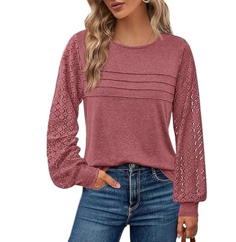 BTFBM Women's Long Sleeve Shirts Dressy Lace Fall Tops 2026 Trendy Business Casual T-Shirts Cute Work Outfits Blouses(Dusty Pink, Small)