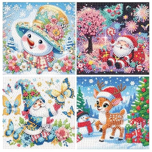 PERFECTSIGHT Cute 5D Diamond Art Kits, Kawaii DIY Painting Art for Adults Teen, 4 Pack Diamond Arts and Crafts Sets, Big Gem Full Drill Diamond Dots for Women (Christmas)