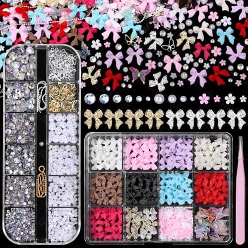 Color Bows Nail Charms Kit, 3D Pearls Gems Set, Gold Silver Nail Bows, Flower Butterfly 3D Asssorted Nail Charms and Gems, Nail Pearls for Nail Art DIY with Pickup Tools