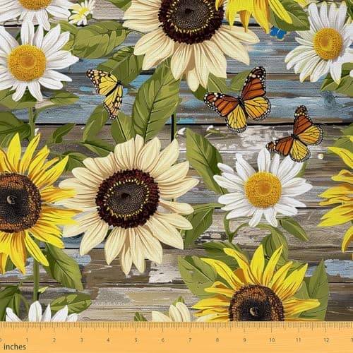 jejeloiu Sunflower Fabric By The Yard, Butterfly Upholstery Fabric for Chairs Sofa Couch, Butterflies Print Botanical Blossom Wood Grain Soft Flannel, 1 Yard, Yellow Blue