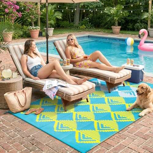 Beeiva Waterproof Outdoor Rug 6x9 for Camping, Balcony & RV, Reversible Plastic Straw Outdoor Mat Blue Yellow