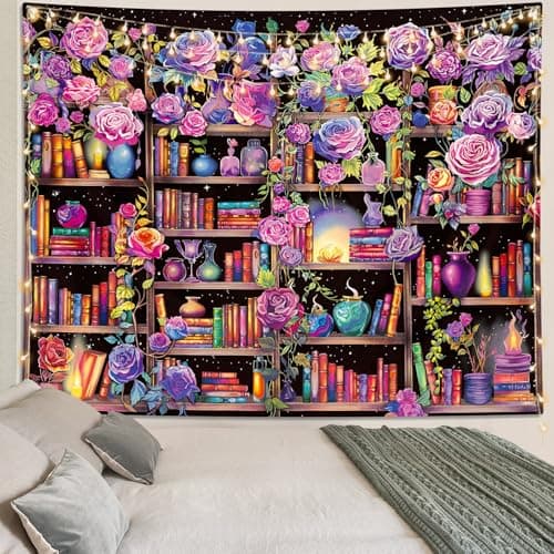 ARTCREATOR Bookshelf Pink and Purple Flower Tapestry Colorful Plants Tapestries for Bedroom Aesthetic Floral Wall Hanging Cute Girl Bedroom Decor (51" x 59")