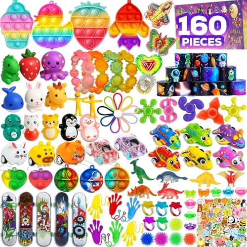 160 Pcs Fidget Toys Party Favors Pack, Randomly Selected Pop Sensory Set Gifts Stickers for Kids Adults Boy Girl Stocking Stuffers Autistic Bulk Goodie Bag Filler Treasure Box Classroom Prizes School