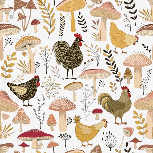 Livelynine 17.5x276 Farmhouse Chicken Wallpaper Peel and Stick Whimsical Mushroom Wall Paper for Kitchen Bathroom Removable Renter Friendly Cottagecore Self Adhesive Contact Paper Cabinets Animals