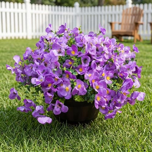 Vemander Artificial Flowers for Outdoor, UV Resistant Fake Silk Pansies Flowers, Realistic Faux Plants for Outside Indoor Porch Patio Window Box Planter Home Decor (16, Purple)
