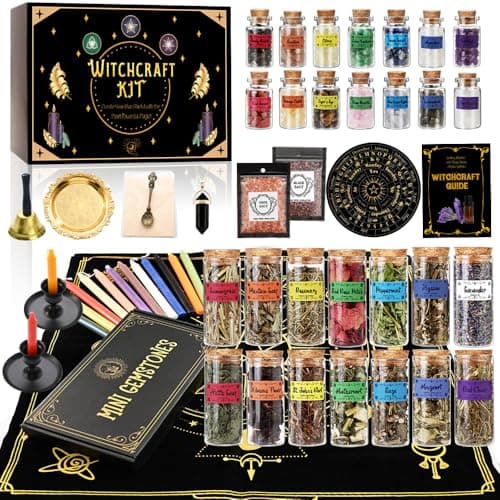 Cikuco Witchcraft Supplies Kit for Witch Spells,63PCS Witch Stuff,Wiccan Supplies and Tools,Including Herbs for Witchcraft,Crystals and Healing Stones,Spell Candles,Wiccan Starter Kit