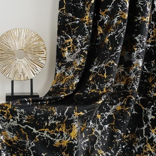 NICETOWN Blackout Black and Gold Marble Curtains 63 Inch Length, 52"Wx63"L