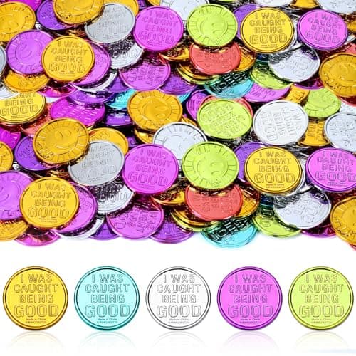 kaiolbly 160 Pcs Caught Being Good Coins Incentives Kids Tokens Bulk Colorful Incentives Tokens Plastic Smile Face Reward Coin School Classroom Behavior Incentives and Teacher Handout for Kids