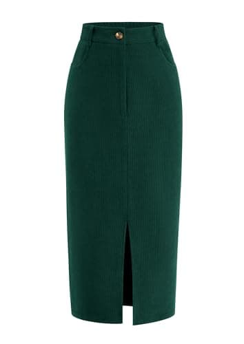 PRETTYGARDEN Corduroy Skirt Women Fall Fashion 2025 High Waisted Pencil Midi Skirts Business Casual Work Office Winter Outfit (Dark Green,16)