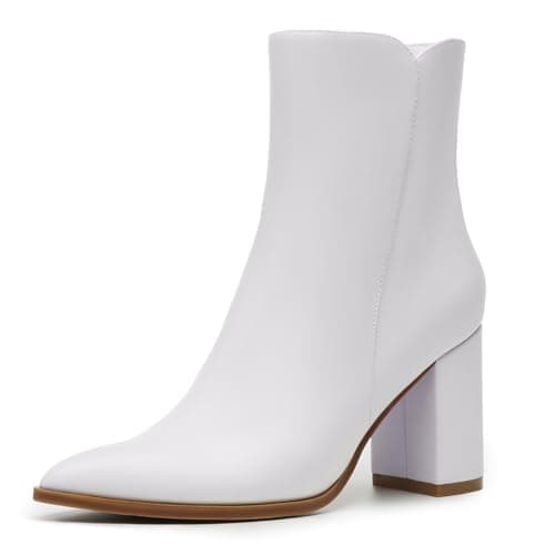 Athlefit Women's Heeled Ankle Boots Fashion Pointed Toe Chunky Heel Side Zipper Short White Boots Size 9