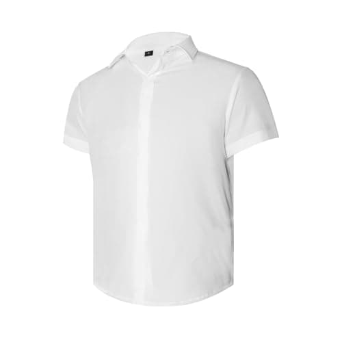 Rioofinx Men's Button-Down Shirts Wrinkle Free Short Sleeve Shirt Textured Linen-Look Casual Top for Summer, Beach Vacation Node-Mark White S