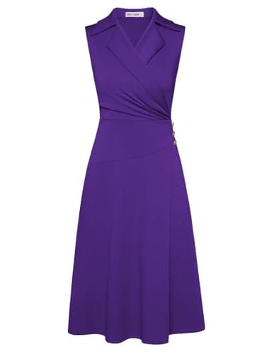 Purple Work Midi Dresses for Women,Wrap Business Casual Funeral Outfit for Women,Wedding Guest Dresses XL