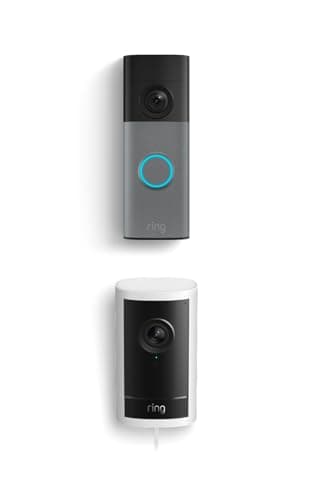Ring Battery Doorbell (newest model), Speckled Gray with Outdoor Cam Pro, Plug-In White