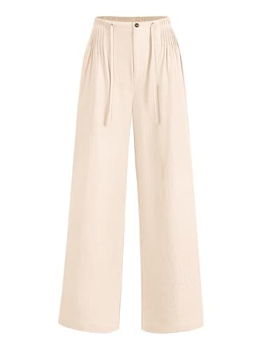 LOMON Womens Trousers Cotton Linen Pants Wide Leg Flowy Palazzo Pants Elastic Waisted Button with Pockets Boho Beach Fashion Apricot