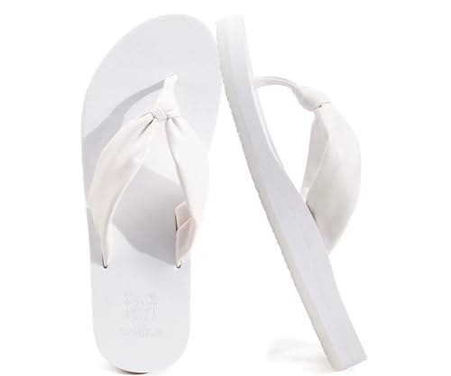 KuaiLu Womens Flip Flops Comfort Arch Support Yoga Mat Cushion Orthopedic Thong Sandals Fashion Leather Slip On Summer Beach Walking Slides Travel Outdoor Plantar Fasciitis Recovery Shoes White 8.5