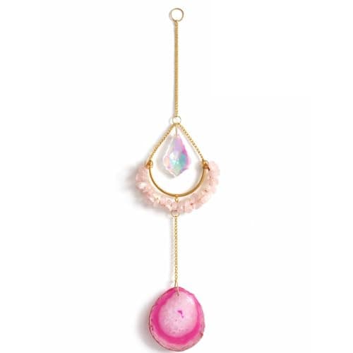Yiemoge Rose Quartz Suncatcher with Natural Pink Agate Slice 12" Hanging Rainbow Maker Crystal Prism Window Decor, Boho Home Room Decor, Spiritual Healing Stone