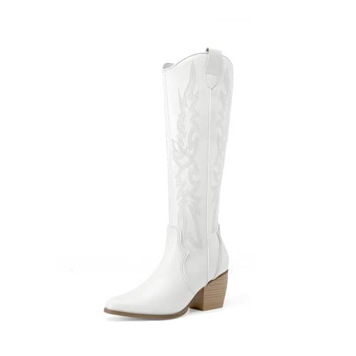 DREAM PAIRS Womens Cowboy Boots Wide Calf Comfortable Pull On Zipper Chunky Heel Pointed Toe Embroidered Western Cowgirl Knee High Boots Ladies Retro Tall Boot,Size 5.5,All White,SDKB224W