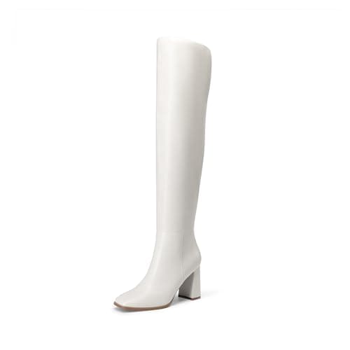 DREAM PAIRS Women's Tall Over the Knee Boots Thigh High Fall Block Chunky Heeled Knee High Long Boots with Fashion Square Toe and Side Zipper,Size 10,White,DWUMOB2515