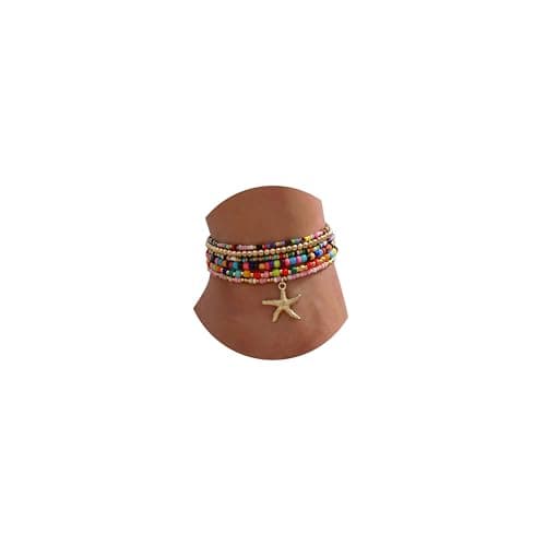 Fesciory Beaded Ankle Bracelets for Women, Boho Shell Anklet Set with Starfish Conch Seashell, Adjustable Hawaiian Summer Beach Foot Jewelry Fashion Gift(Starfish 6Pcs)