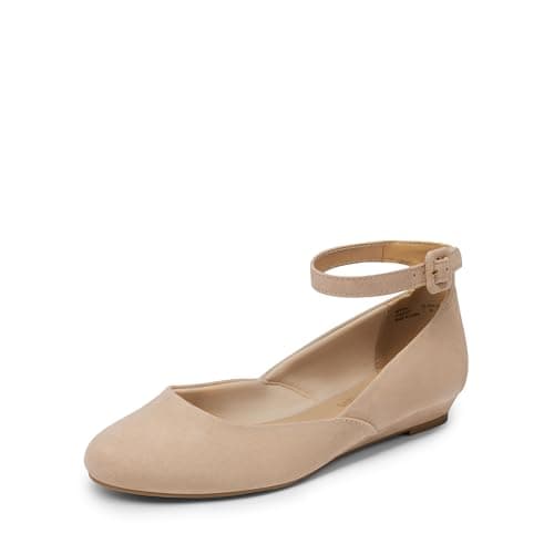 DREAM PAIRS Women's Dress Flats Ballet Low Wedge Round Toe Ankle Strap Comfortable Casual Flats Shoes,Size 5,Nude/Suede,REVONA