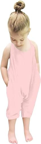 Lindanina Jumpsuit for Toddlers Harem Strap Romper Little Girls Backless Halter Playsuit with Pockets Kid Summer Cute Solid One Piece(Pink, 2-3T)