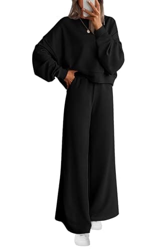 PRETTYGARDEN Women 2 Piece Outfits 2026 Spring Sweatsuits Crewneck Sweatshirt Wide Leg Sweatpants Lounge Sets Tracksuit(Black,Small)