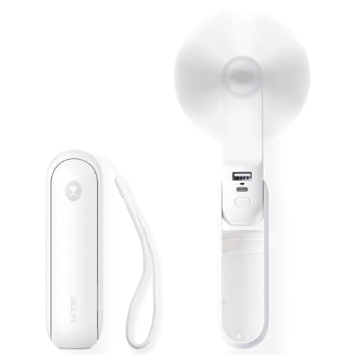JISULIFE Portable Handheld Fan, 3 In 1-Fan, Power Bank, Flashlight, White