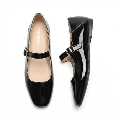 DREAM PAIRS Women's Flats Square Toe Mary Jane Flats Comfortable Casual Dress Shoes Ballet Flats with Buckle Strap Casual Work Office Mary Jane Shoes,Size 6.5,Black-Pat,DWUMFA2520