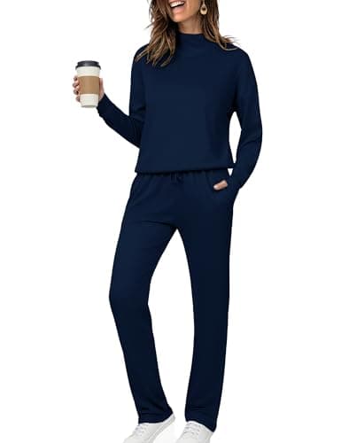 Totatuit Womens 2 Piece Outfits Sweatsuit Casual Mock Neck Matching Sets with Pockets Lounge Wear Slouchy Fall Outfits Vacation Tracksuit Navy Blue S