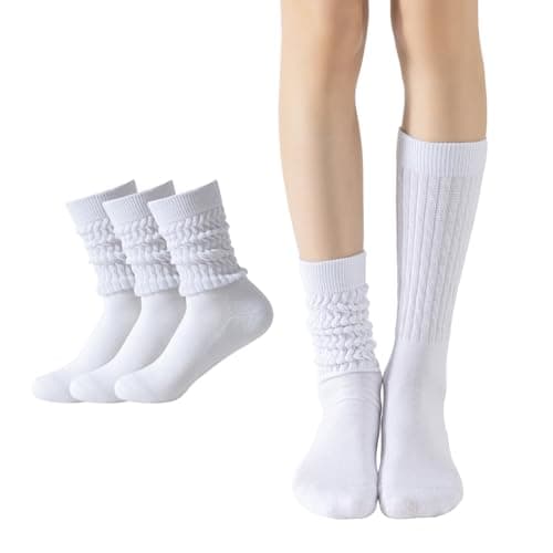 Flydo 3 Pairs Slouchy Socks for Women- White Scrunch Slouch Sock Short Crew Soft Boot Socks