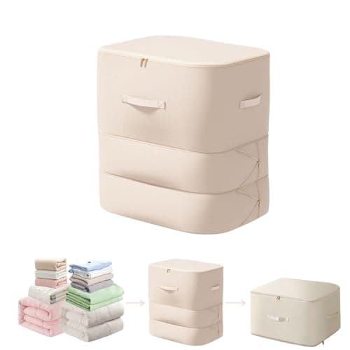 Ultra Space Saving Self Compression Organizer, 3-Layer Zipper Large Capacity Storage Bag, Thick Satin Fabric Heavy Duty Bags for Comforters Blankets Bedding Duvet (Beige, X-Large, 21x17x24in)