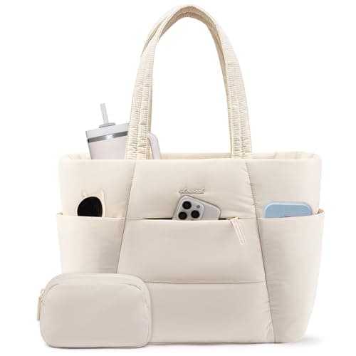 LOVEVOOK Puffer Tote Bag with 40oz Cup Holder, Large Work Tote Laptop Bag for Nurse Teacher, Shoulder Bag for Travel/Gym/Daily