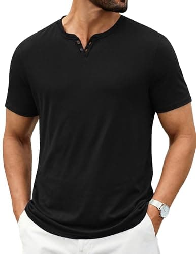 COOFANDY Black T Shirts for Men Button Neck Tee Shirts Casual Summer Basic Tee Shirt