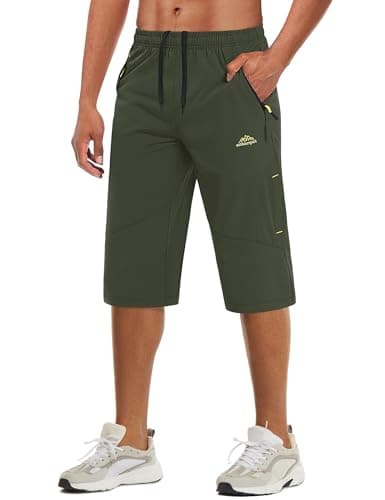 MAGCOMSEN Men Capri Pants Outdoor Quick Dry Knee Length 3/4 Gym Drawstring Training Workout Running Shorts Army Green, 34
