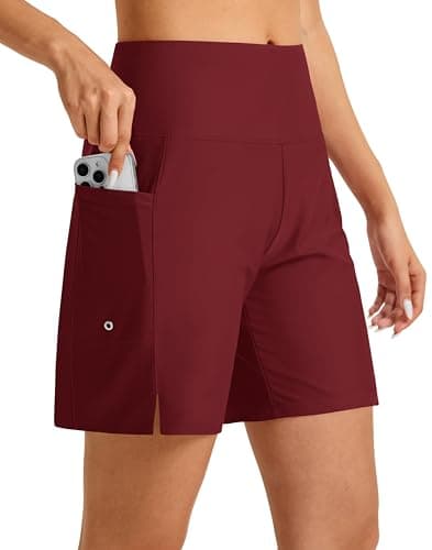WEAREFO Women's 7" High Waisted Swim Board Shorts Quick Dry Beach Swimsuit Bottom Shorts for Women with Liner Pockets Burgundy, S