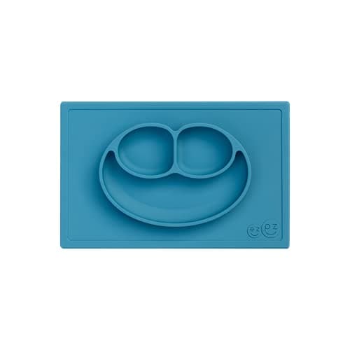 ezpz Happy Mat (Blue) - 24 Months+ - 100% Silicone Suction Placemat + Divided Plate with Three Compartments - Toddler + Preschool Essentials