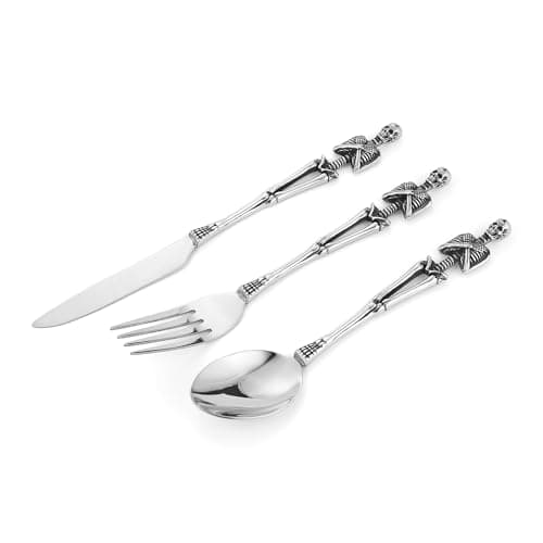 HZMAN Gothic Skull Flatware: Dinner Knife, Dinner Fork, Soup Spoon & 3-Piece Place Setting, Stainless Steel Cutlery Set for Home Kitchen, Halloween Table Decor