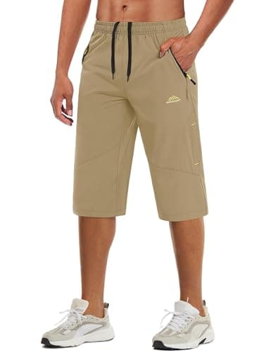 MAGCOMSEN Men's Long Shorts Casual Quick Dry Lightweight Below Knee 3/4 Gym Capri Pants with Zipper Pockets Khaki, 30