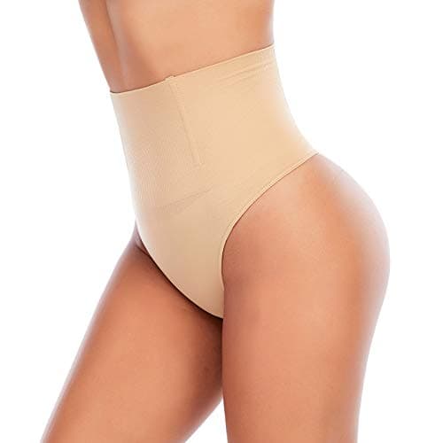 Werena Tummy Control Thong Shapewear for Women Seamless Shaping Novelty Thong Panties Body Shaper Underwear(01# Beige-mid Waisted(has Boning),Medium)