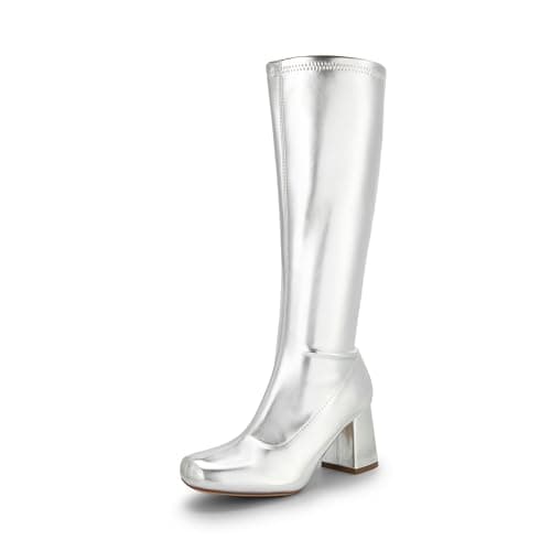 DREAM PAIRS Women's Gogo Boots Square Toe Chunky Wide Calf Knee High Boots,Size 6,Metallic Silver,SDKB2231W