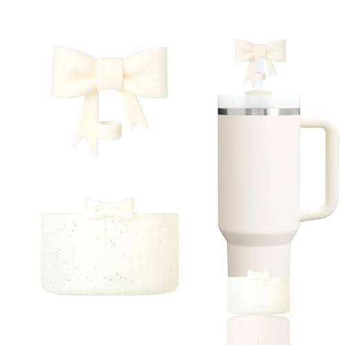 YAYAYOUNG Stanley Cup Accessories Set Including 1Pcs Glitter Silicone Boots for StanleyCup 40oz & 30oz Tumbler,1 Pcs Bow Straw Covers Cap Toppers for 0.4 in/10mm StanleyStraws(Bling Cream)
