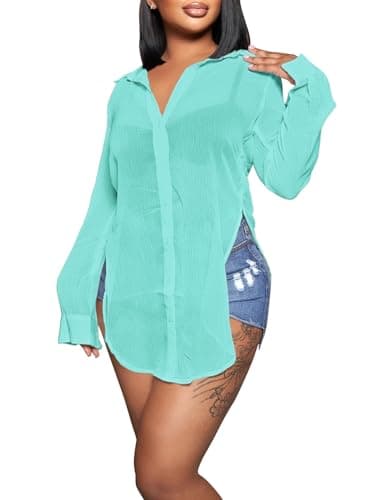 Sheer Long Sleeve Tops for Women Sexy Plus Size Mesh Shirts See Through Button Up Blouse Mint Blue XXL