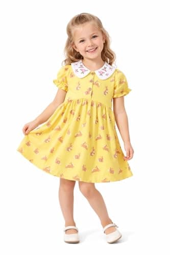 HILEELANG Little Girls Bunny Dress Peter Pan Collar Short Sleeve Spring Summer Cotton Casual Yellow Rabbit Playwear Dresses 6Years