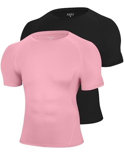 Blueleaf 2 Pack Men’s Compression Shirts Short Sleeve Cool Dry Sports Athletic Workout Undershirt Base Layer T-Shirt Tops Black + Pink S